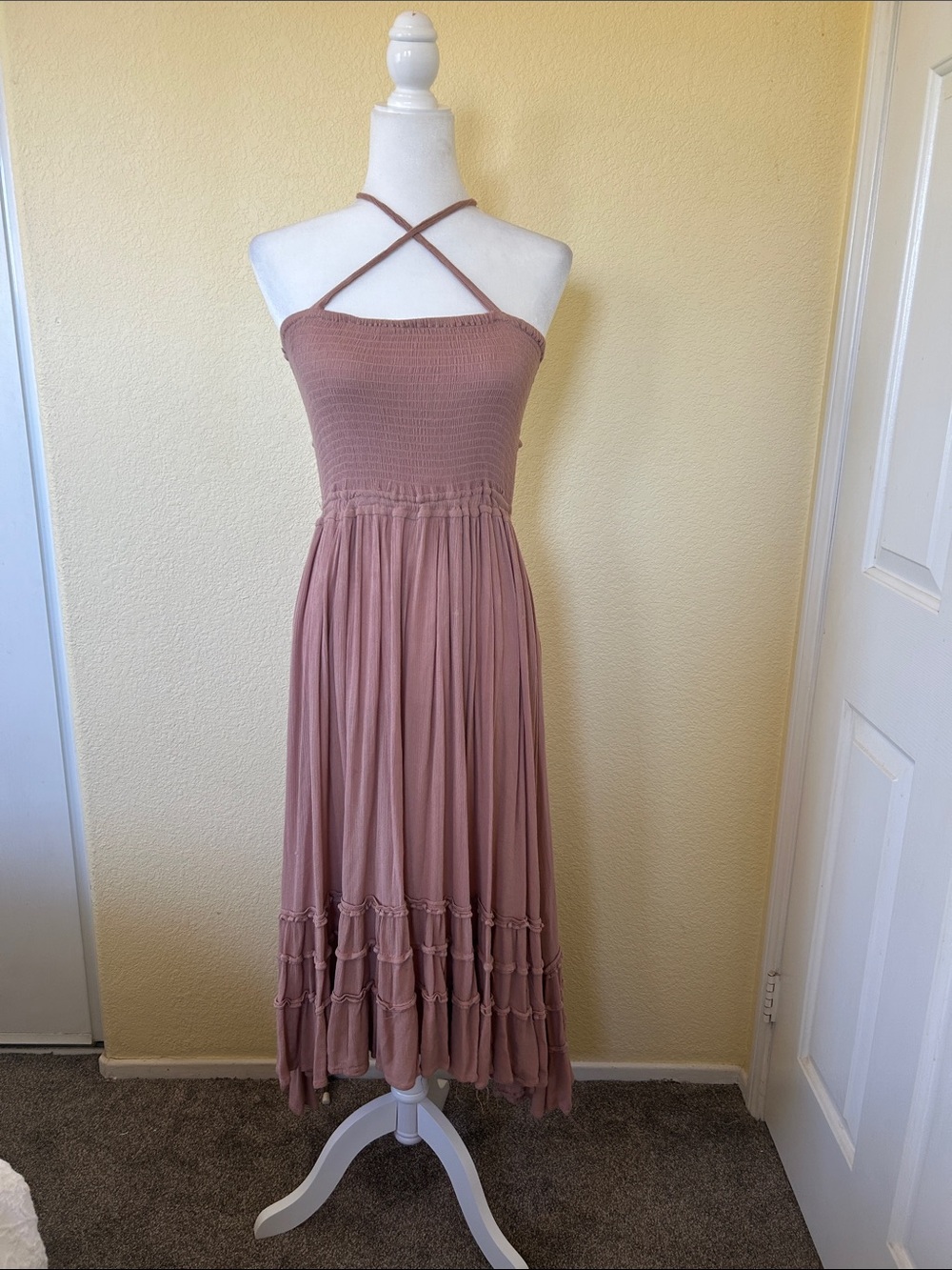 Maronie Smocked Crisscross Halter Maxi Dress in Dusty Rose